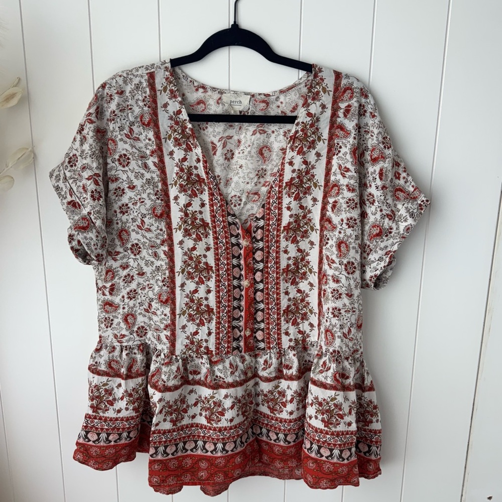 Perch By Blu-Pepper‎ Women’s 2XL Floral Print Short Sleeve Button Up Boho Blouse
